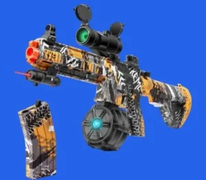 A gel blaster toy gun featuring a scope and magazine, designed for safe and fun play.
