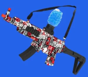 A gel blaster toy gun illuminated by a blue light, highlighting its colorful appearance and intended for enjoyable playtime activities.